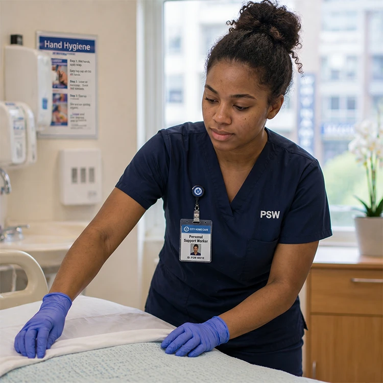 Personal support worker preparing a patient bed in a care setting