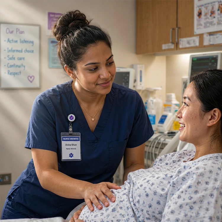 Nurse midwife providing care in a clinical environment
