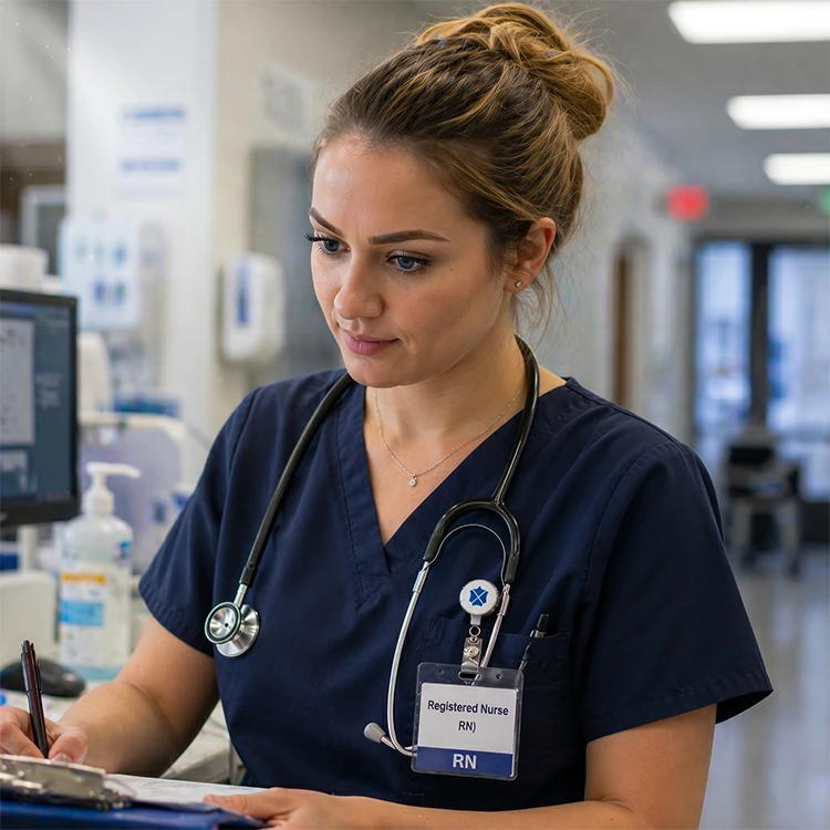 Registered nurse with stethoscope in a clinical setting