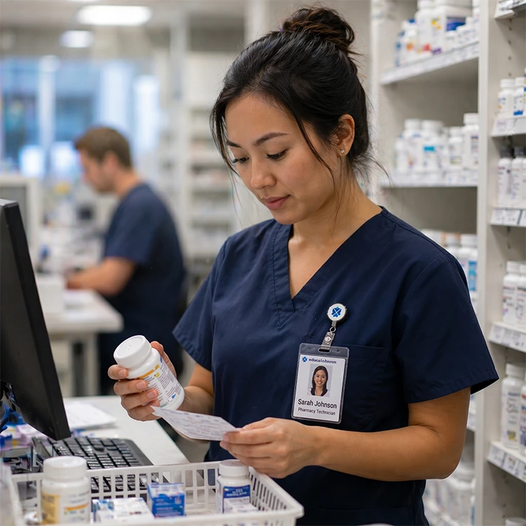 Pharmacy technician handling medication in a pharmacy setting