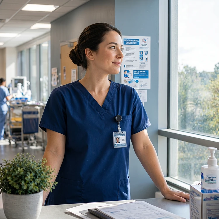 Nurse walking through a patient room